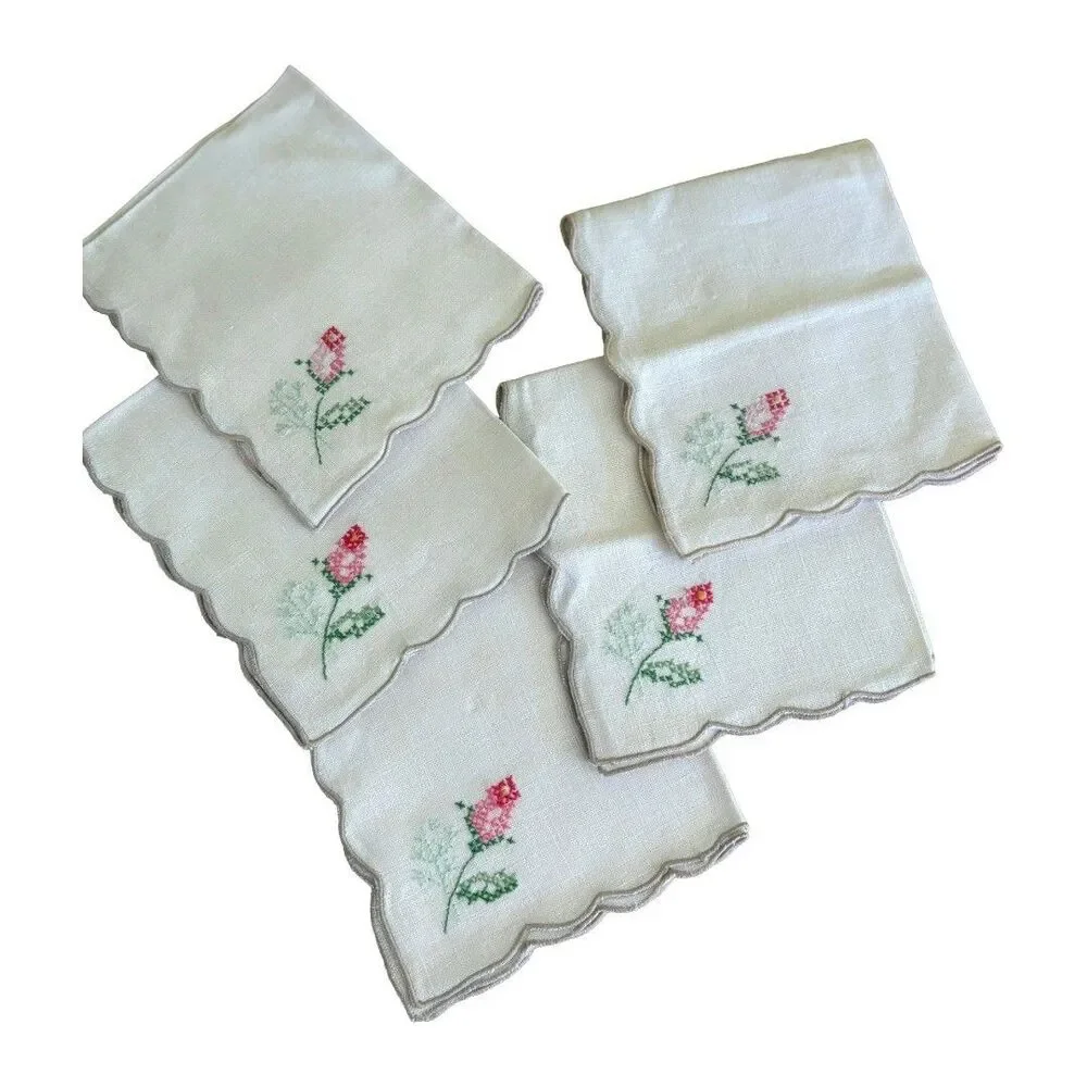 Set of 5 Vtg Hand Embroidered Pink Rosebud Linen Cotton Napkins 11x13